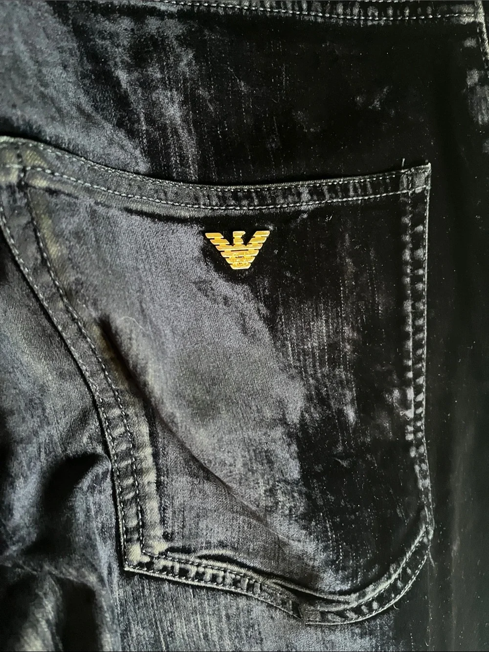 Emporio Armani Black Navy crushed velvet finish Jeans.